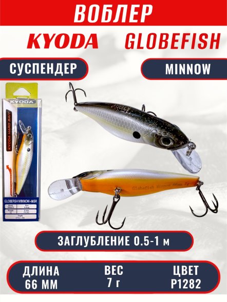 Воблер KYODA Globefish Minnow-66SP, длина 6,6 см, вес 7.0 гр цвет P1282, заглубление 0,5-1,0 м