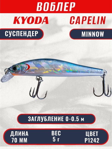 Воблер KYODA Capelin Minnow-70SP, длина 7,0 см, вес 5.0 гр цвет P1242, заглубление 0-0.5 м