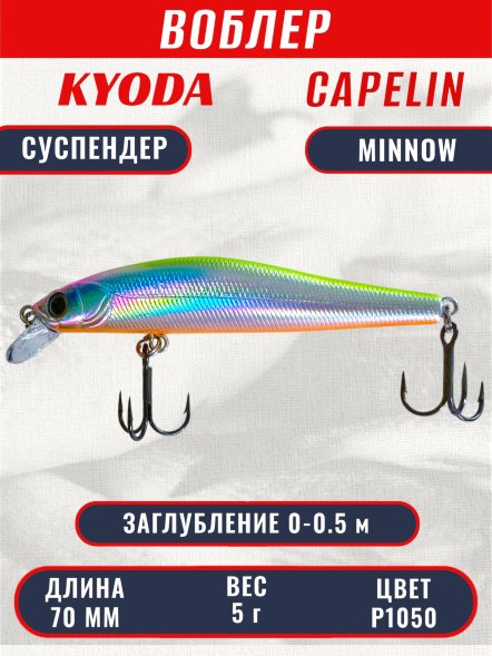 Воблер KYODA Capelin Minnow-70SP, длина 7,0 см, вес 5.0 гр цвет P1050, заглубление 0-0.5 м