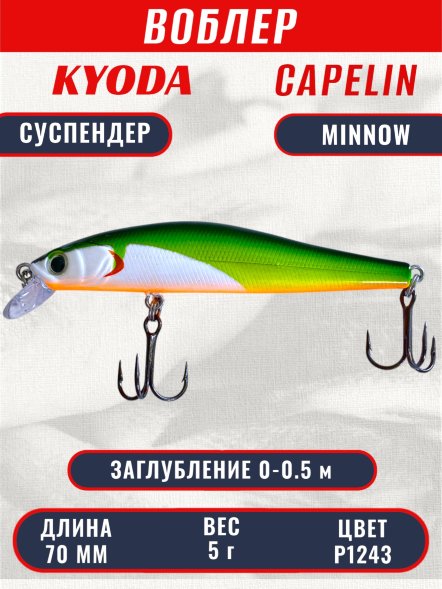 Воблер KYODA Capelin Minnow-70SP, длина 7,0 см, вес 5.0 гр цвет P1243, заглубление 0-0.5 м