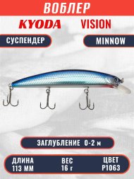 Воблер KYODA VISION MINNOW-113SP, длина 113 мм вес 16 гр цвет P1063 заглубление 0 - 2 м
